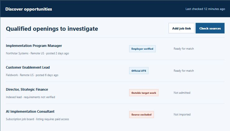 Career: from evidence to outcomes: Separate employer-verified openings from unverified or excluded leads. Captured from the live Career Decision public walkthrough on 5 October 2026. Candidate, employers, relationships and results are illustrative demo data, not a real person's records.