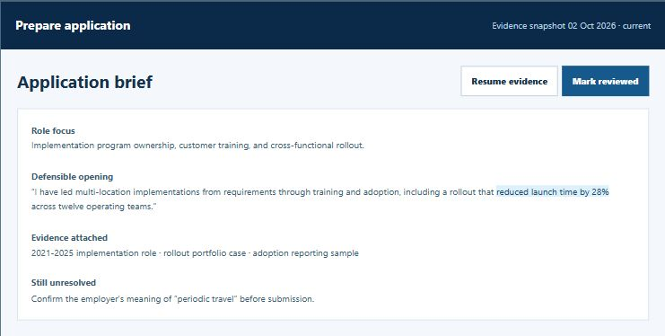 Career: from evidence to outcomes: Review claims against the evidence snapshot. The illustrated 28% outcome is demo data, not a CLI customer result. Captured from the live Career Decision public walkthrough on 5 October 2026. Candidate, employers, relationships and results are illustrative demo data, not a real person's records.