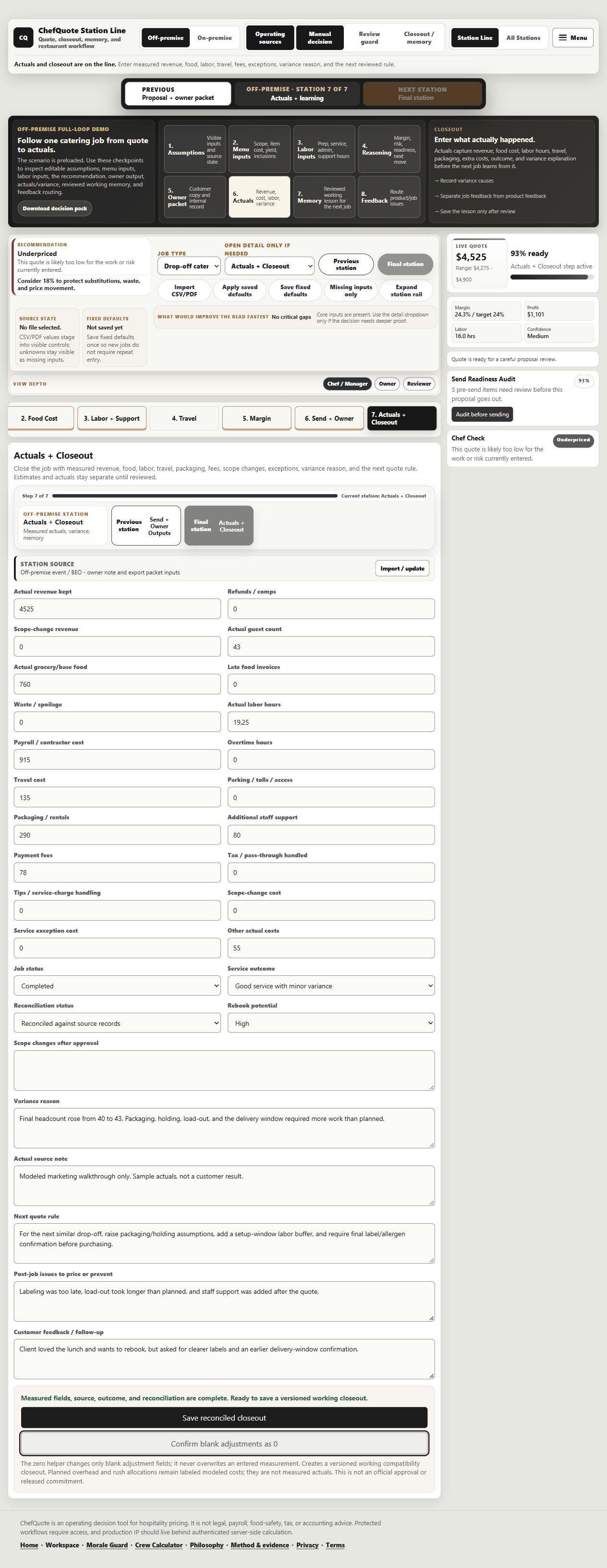 Catering: from scope to reviewed memory: Compare the estimate with sample revenue, cost, labor and variance after service. Saved ChefQuote development build. Sample catering scenario, not a customer result or a current live capture.
