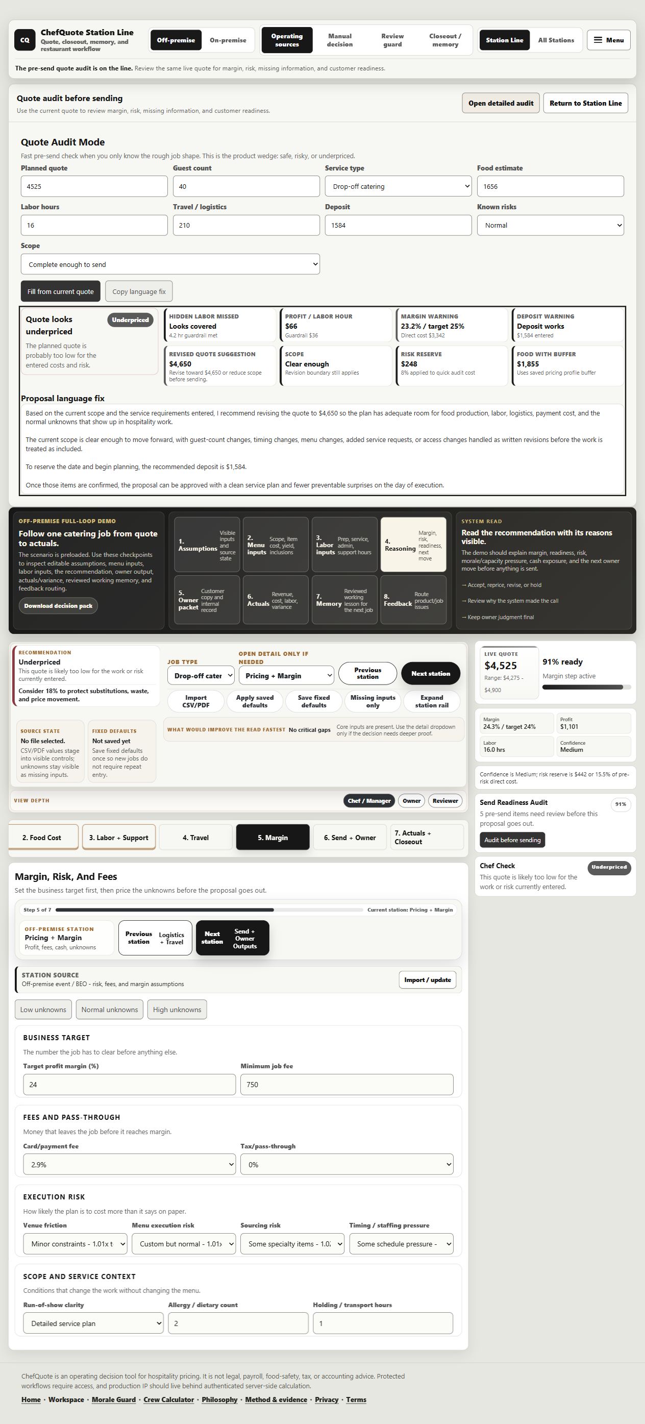 Catering: from scope to reviewed memory: A $4,525 sample quote is flagged underpriced. The separate $4,650 audit suggestion has not been applied or approved. Saved ChefQuote development build. Sample catering scenario, not a customer result or a current live capture.