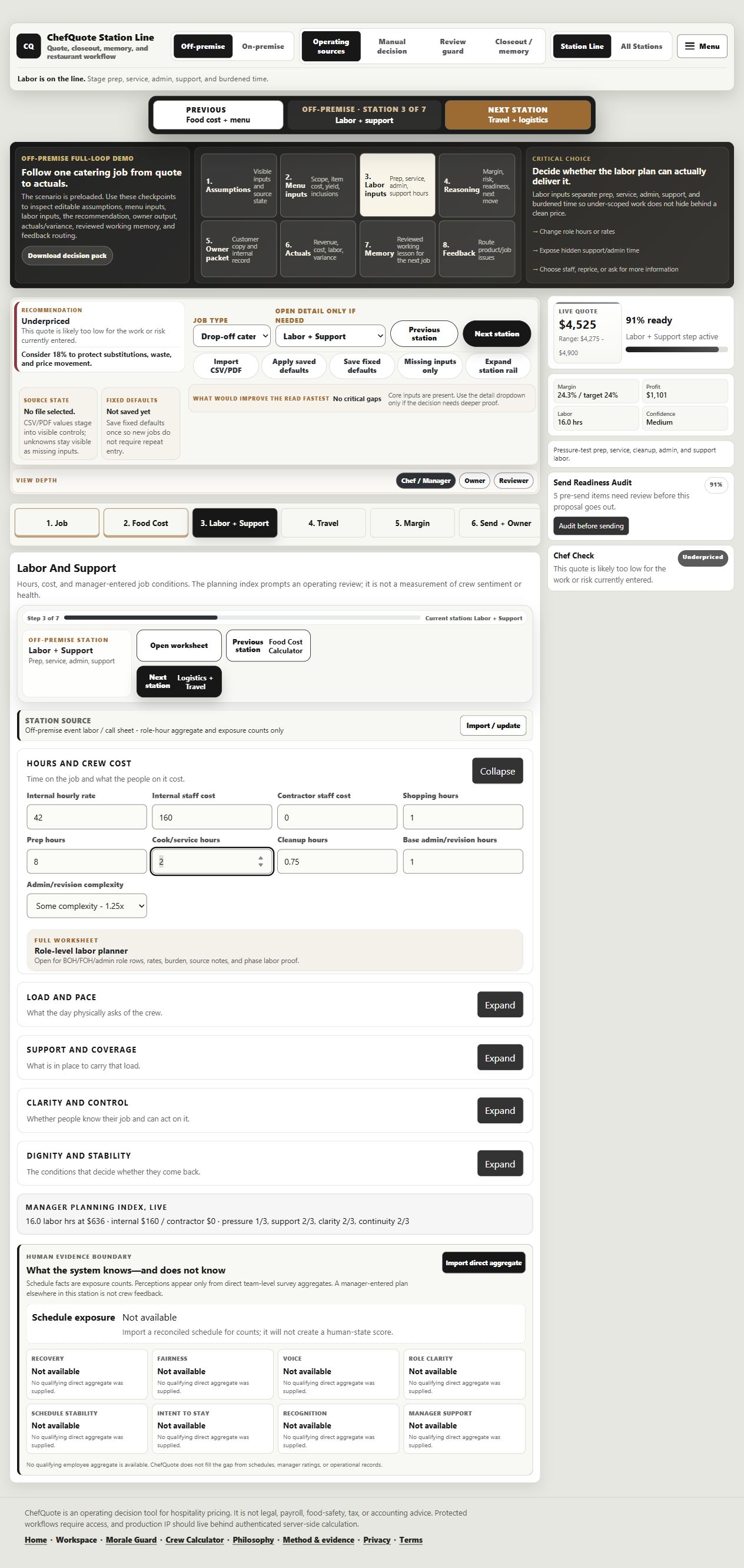 Catering: from scope to reviewed memory: Review the changed labor inputs before accepting their effect on the quote. Saved ChefQuote development build. Sample catering scenario, not a customer result or a current live capture.