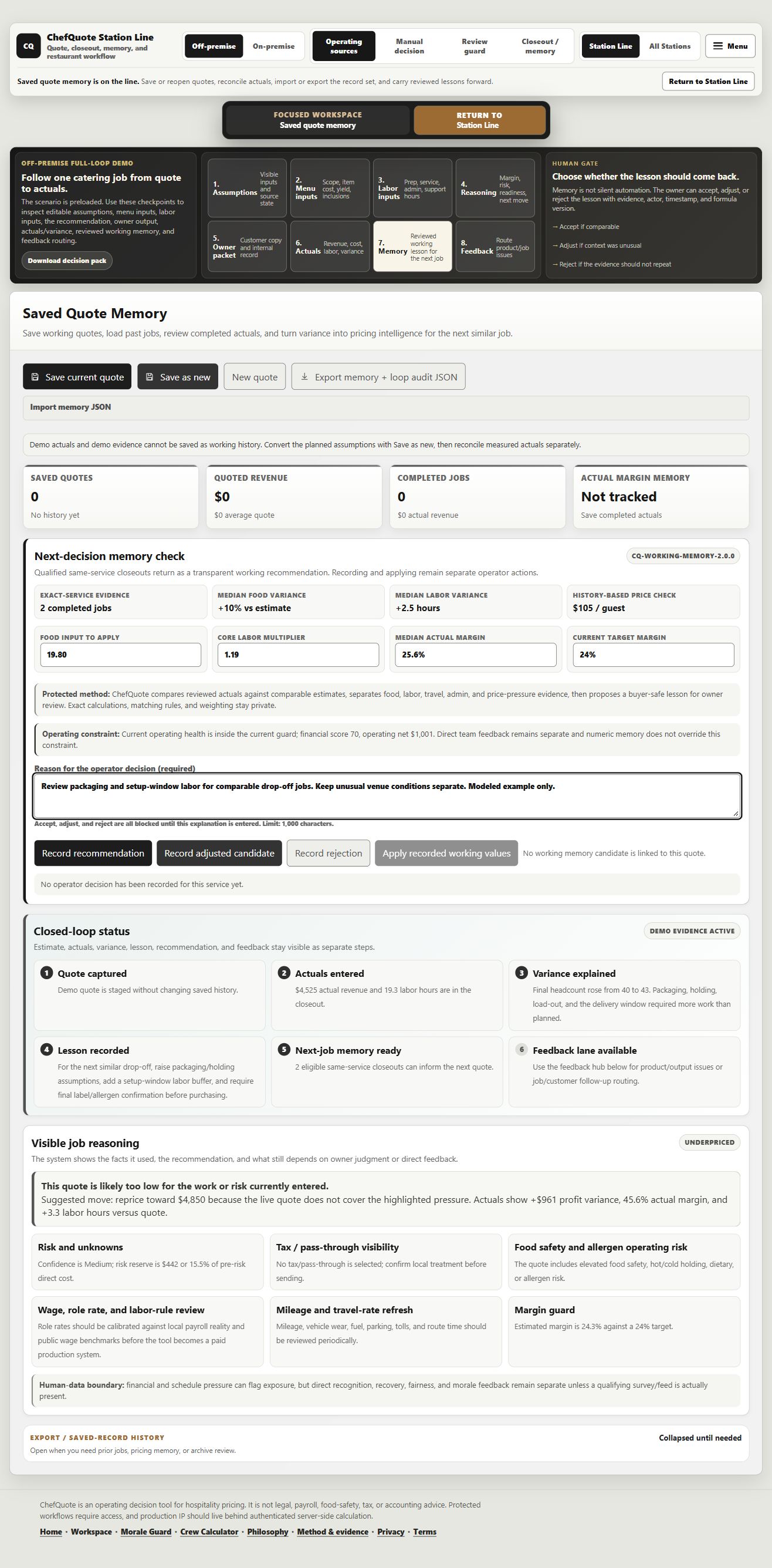 Catering: from scope to reviewed memory: Keep the proposed lesson, evidence and human decision separate from applying working values. Saved ChefQuote development build. Sample catering scenario, not a customer result or a current live capture.