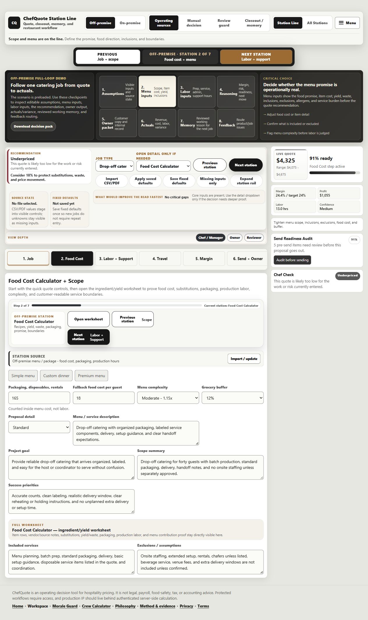 Catering: from scope to reviewed memory: Keep food cost, yield and inclusions attached to the job. Saved ChefQuote development build. Sample catering scenario, not a customer result or a current live capture.