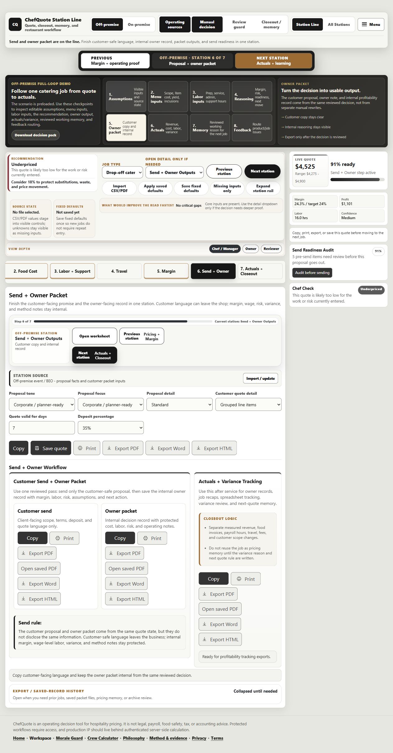 Catering: from scope to reviewed memory: Keep customer-facing output separate from the internal owner record. Saved ChefQuote development build. Sample catering scenario, not a customer result or a current live capture.