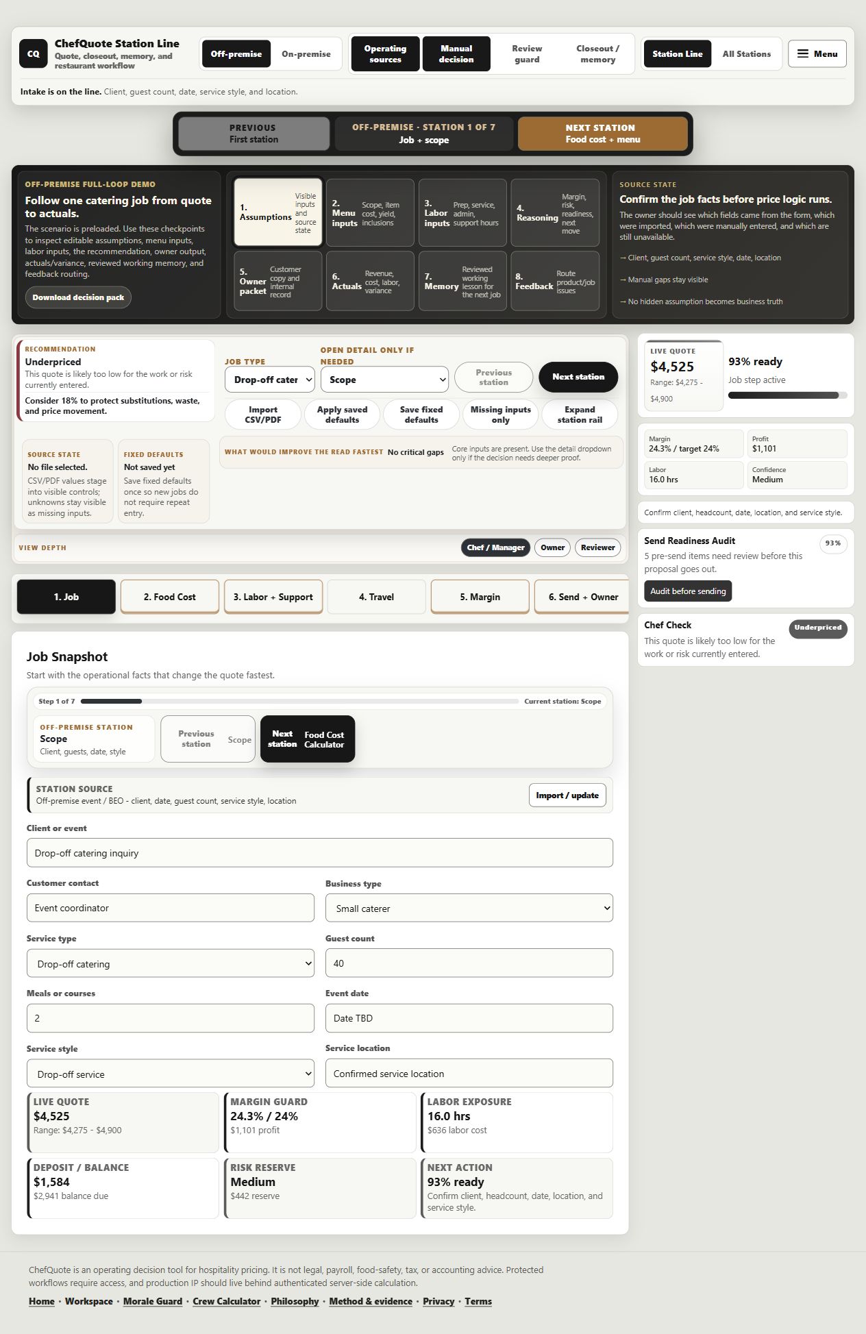 Catering: from scope to reviewed memory: Establish the customer promise, guest count and service burden. Saved ChefQuote development build. Sample catering scenario, not a customer result or a current live capture.